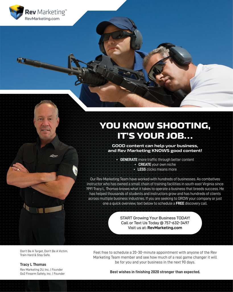 The Rev Marketing Team builds long lasting relationships with the firearms industry while developing a marketing plan and strategies to enhance growth online and in communities around servicing the firearms industry.